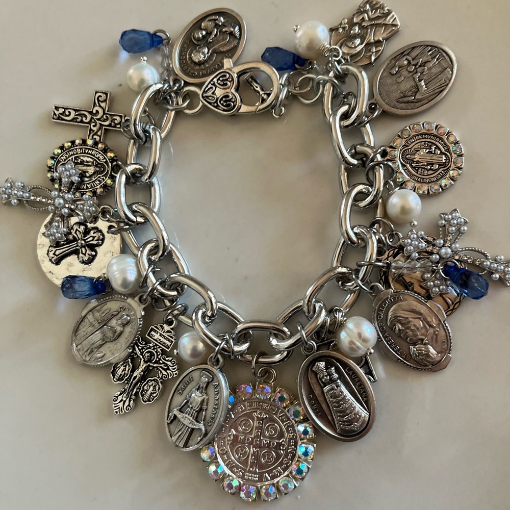 SOLD Charm Bracelet: St Benedict, Lenten Saints, Crosses, Freshwater Pearls - Picture 12 of 12